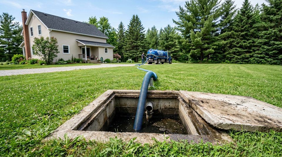 Septic tank being pumped out at a rural Ontario property in Renfrew County
